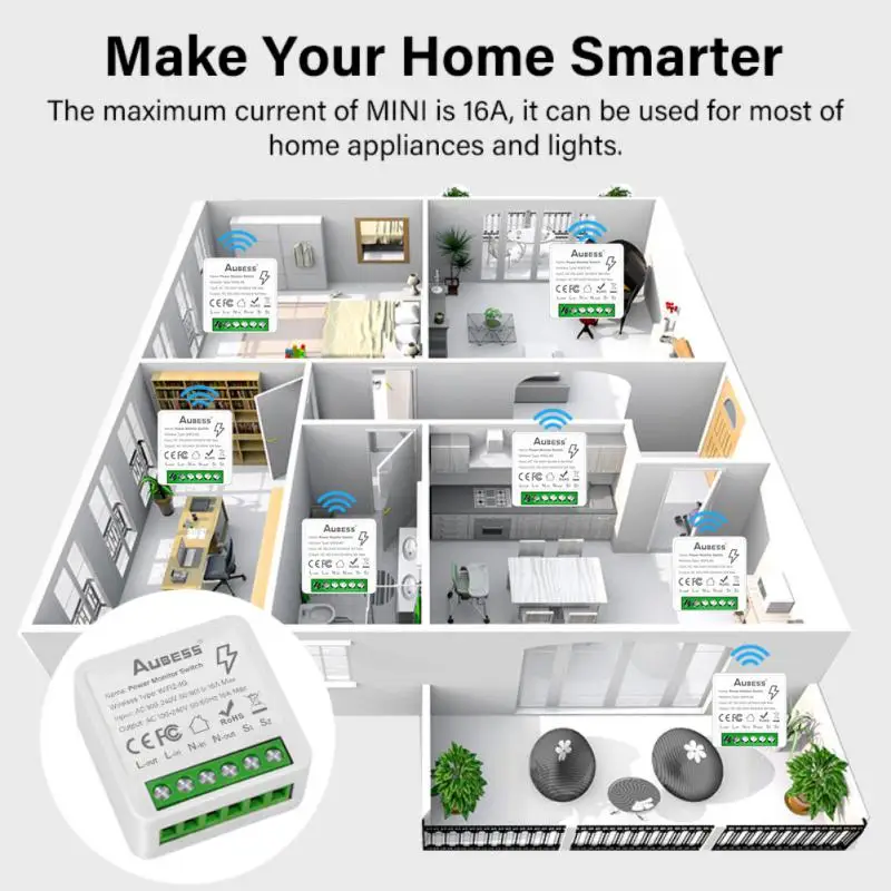 Aubess-Tuya WiFi Smart Switch Power Monitor, DIY, Contrôle bidirectionnel, Smart Home Sunflower, Via Alexa, Google Home, Alice Smart Life, 16A