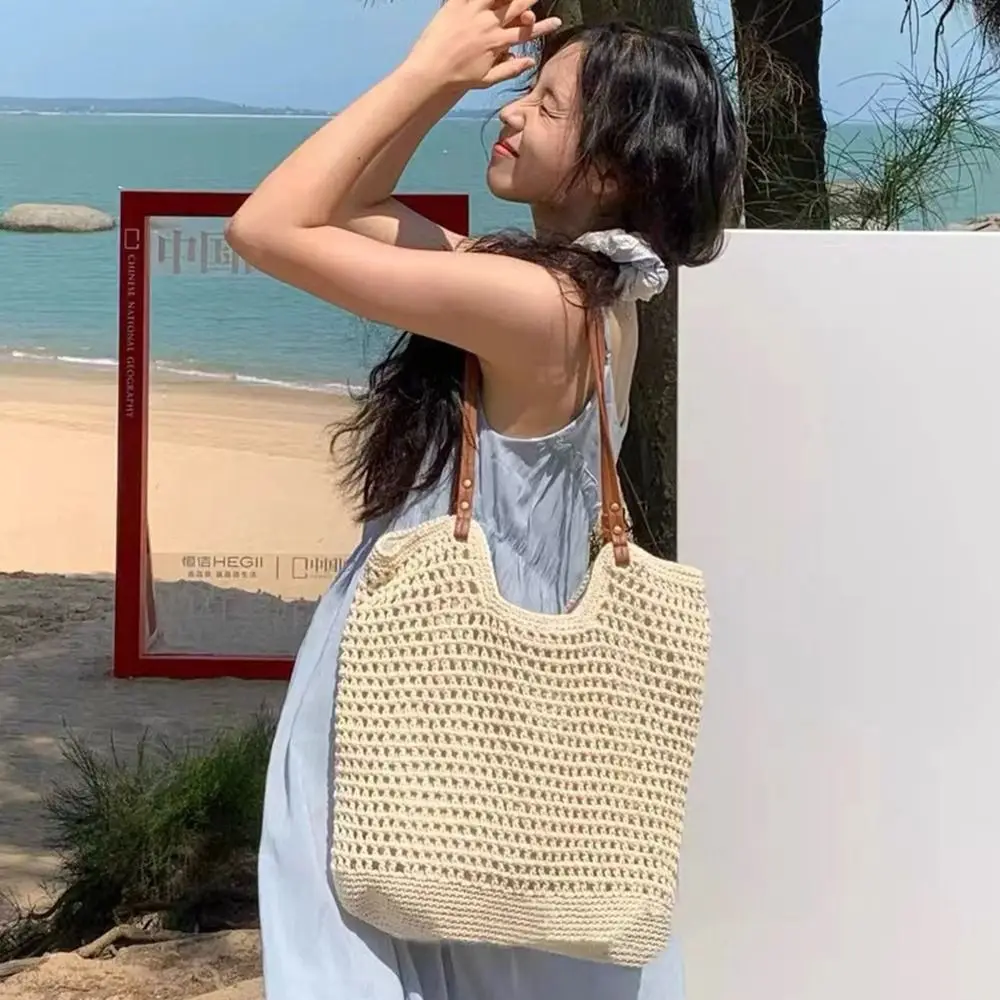 

Large Capacity Handmade Woven Bags Hollow Design Grid Knitted Summer Beach Handbags Soft Zipper/Magnetic Button Closure