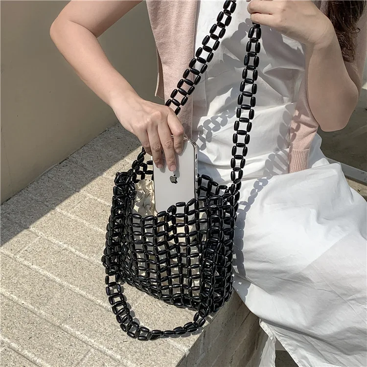 Summer Women\'s Bag New Casual Beaded Crossbody Bags Fashionable INS High Quality Weaving Hollow Out Wooden Bead Beach Handbag