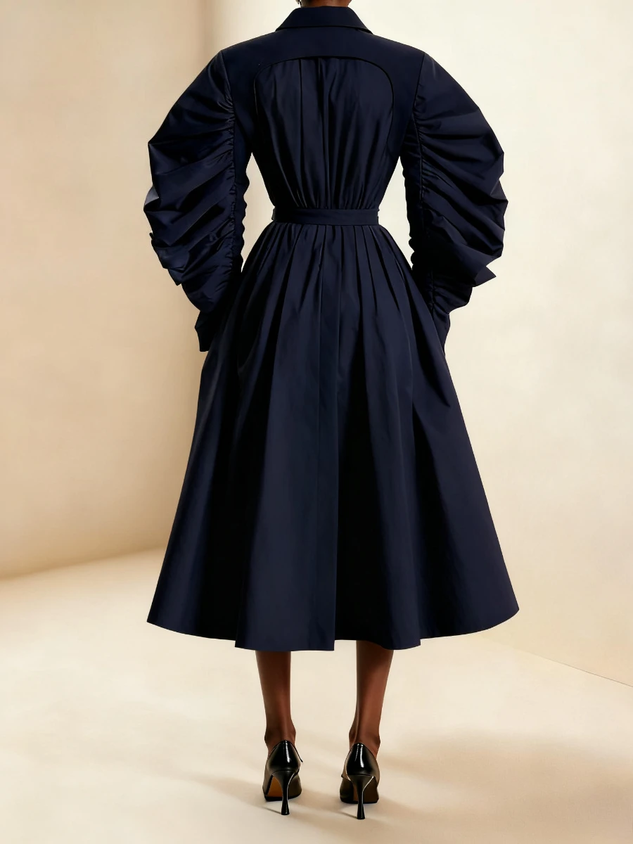 معطف VGH بتصميم عصري عتيق للنساء مع طية صدر السترة وأكمام منتفخة ومقسمة مزدوجة الصدر باللون الأزرق الداكن بطول ميدي سترات نسائية للخريف #2