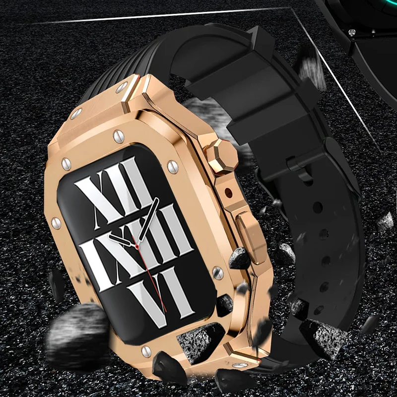 Luxury Modification Case Band for Apple Watch Series 8 7 6 5 4 44mm 45mm Men Rugged Case Silicone Sport Band for iWatch 6/5/4 SE