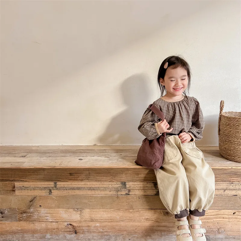 Korean Style Autumn Baby Girls Pants Washable Causal Harem Pants Brown Khaki Loose Sweatpants Trousers with Pockets