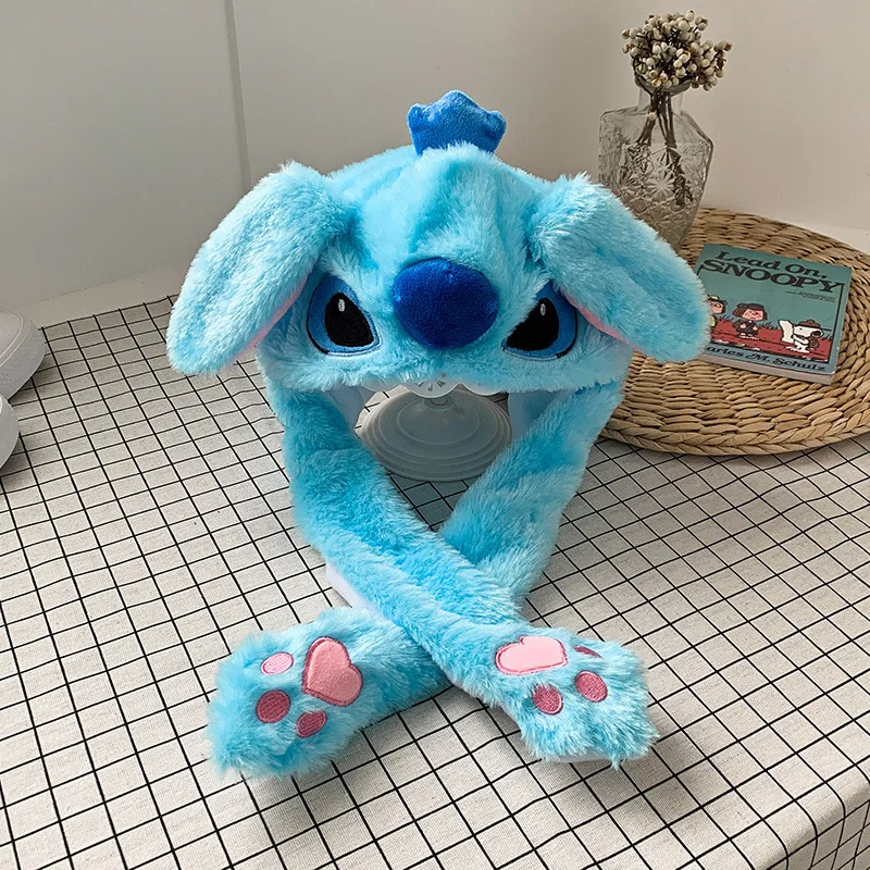 Disney Stitch Luminous/No Light Plush Hat Lovely Funny Up Down Moving Bunny Ears Toy Hat Winter Plush Cap Scarf Set Child Gifts