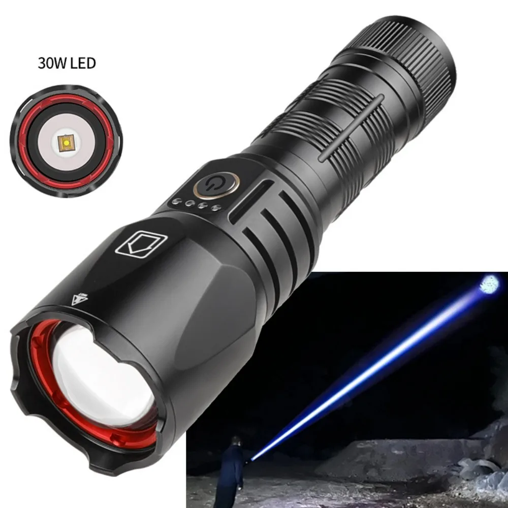 Ultra-Bright Focusing Flashlight – 30W High-Lumen Silver Torch with Type-C Rechargeable Port Long-Range Beam for Camping