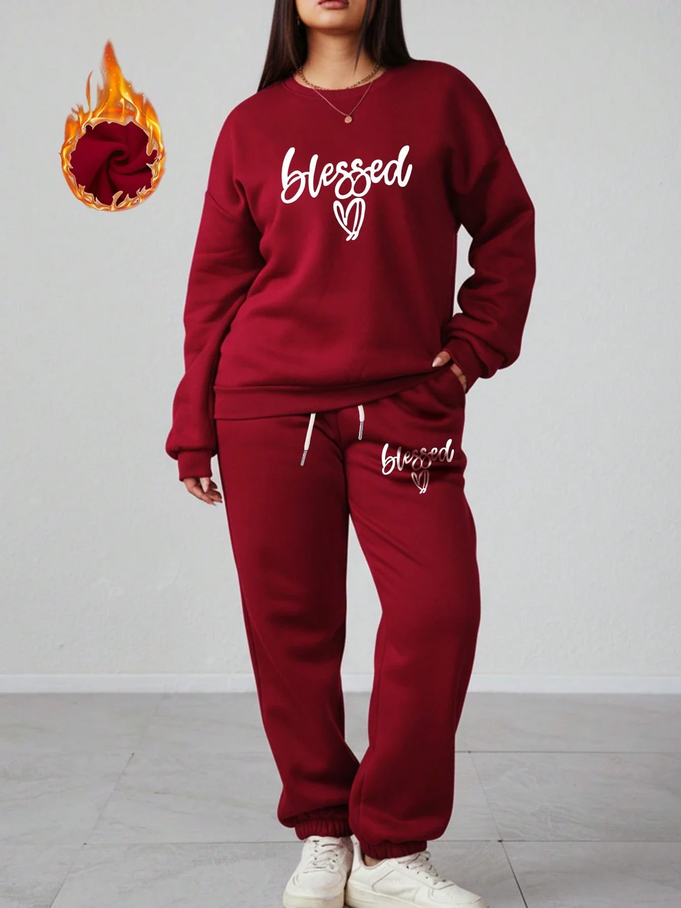 

Plus Size Warm Fleece Sweatshirt And Sweatpants Set Letter Print Casual Sportswear For Autumn Winter
