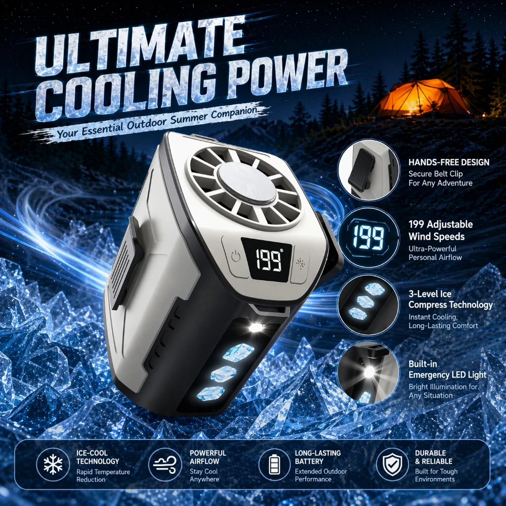 Waist Clip Fan 199 Powerful Speed 3 Adjustable Ice Cooling LED Light Portable Summer Camping Hiking Outdoor Working Travel Weara
