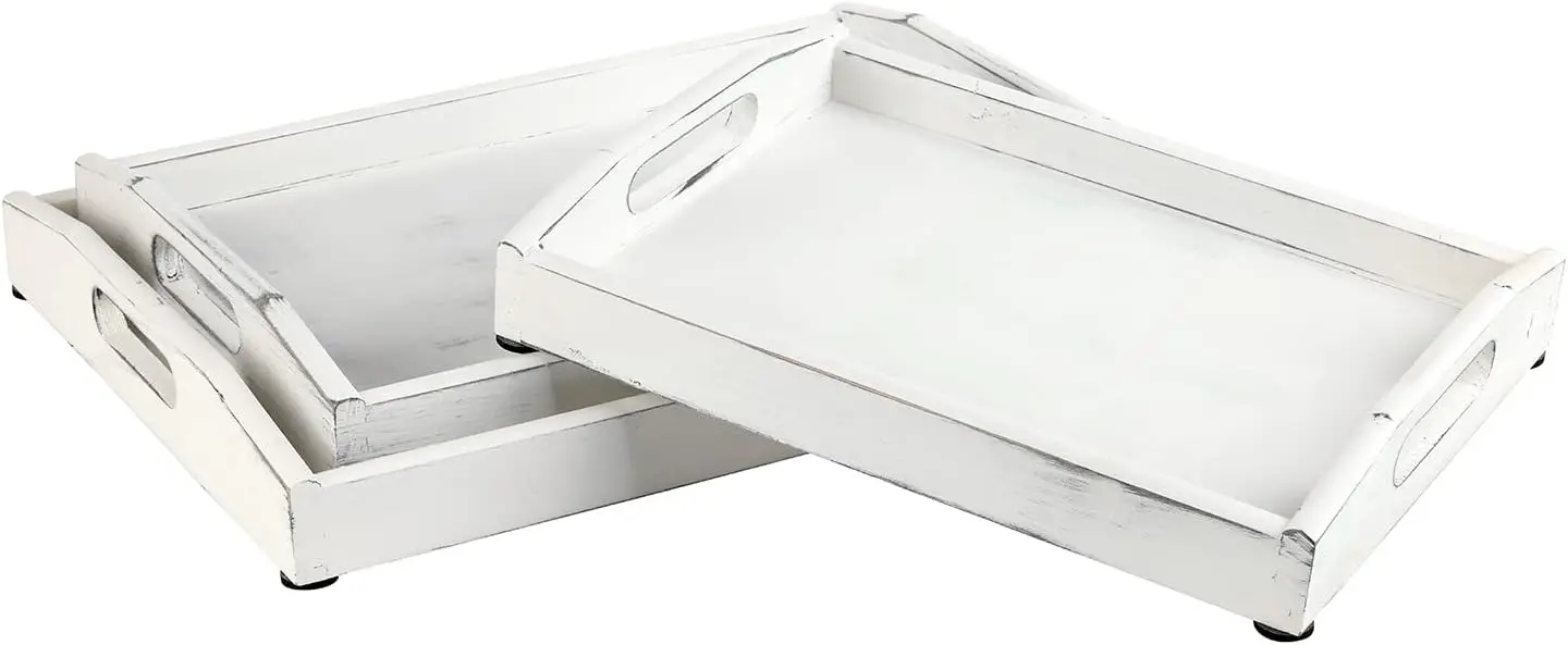 

Vintage Rustic Whitewashed Wood Nesting Serving Trays/Decorative Ottoman Trays With Oval Cutout Handles, Set Of 3