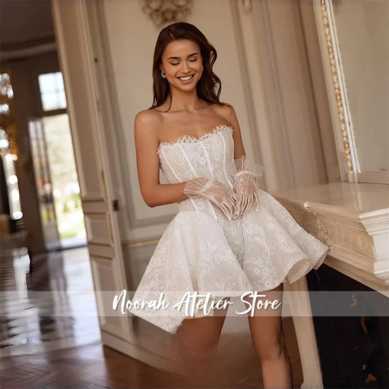 Luxury Lace Short A-Line Wedding Dresses 2026 Strapless Sleeveless Open Back Pleat Party Gown Vestidos De Noiva Customized