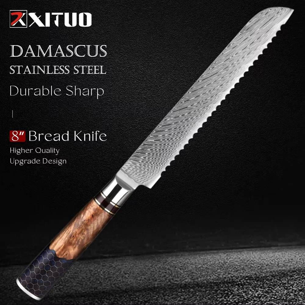 XITUO Professional Bread Knife,8" Blade Damascus Chef Knife 67 Layers Damascus Steel Serrated Bread Knife,Sharp Kitchen Knives