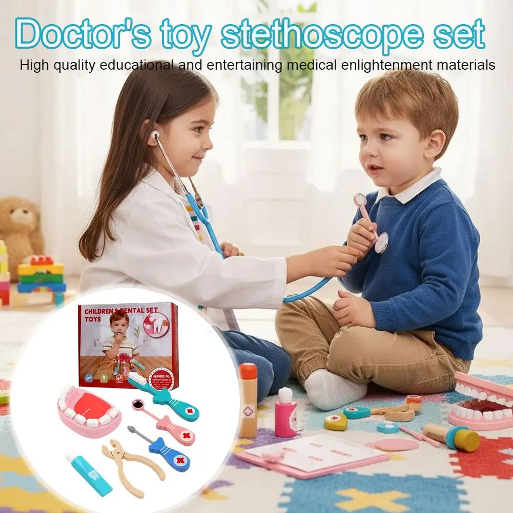 Wooden Children's Pretend Doctor Game Toys Simulation Dentist Check Brush Teeth Medicine Set Car Interior Decor Accessories