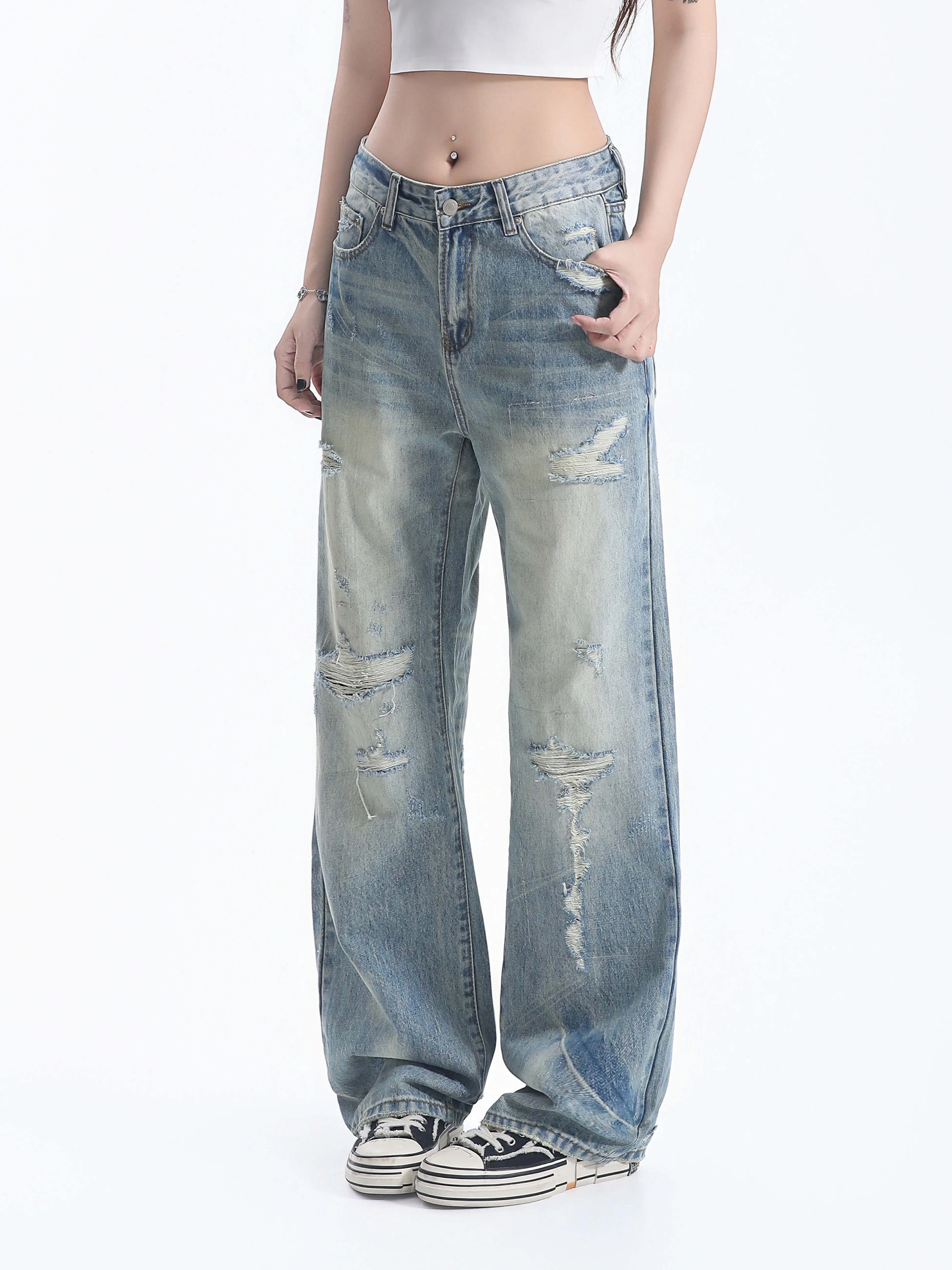 Retro American Hole Denim Jeans Women's Faded   Design Wide Leg Neutral Floor-Length Pants Cotton Natural Waist