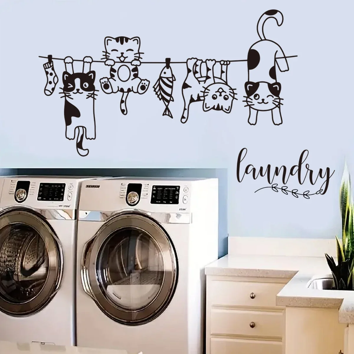 Cartoon Cat Playing on Rope Wall Stikcers for Laundry Room Living Room Decoration Bedroom Kids Home Decor Background Wall Decals