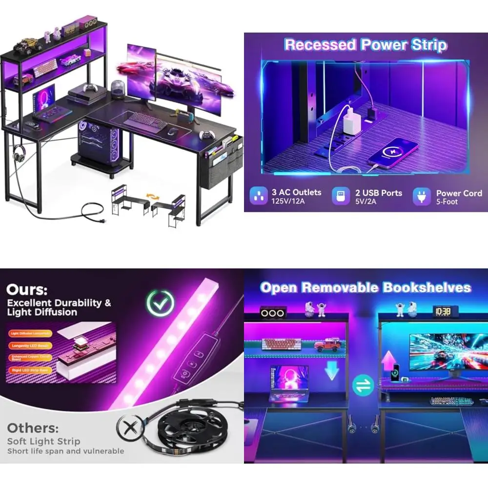 

53 Inch LED-lit L Shaped Gaming Desk with Power Outlet and Storage Shelf