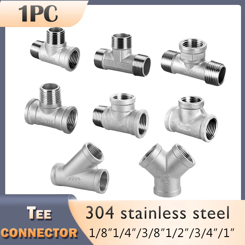 

304 Stainless Steel Male Female Thread Tee Connector BSPT Pipe Connector Fitting 1/4" 3/8" 1/2" 3/4" 1" 1-1/4" 1-1/2" 2"