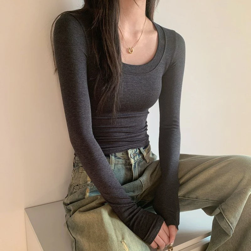 Long Sleeve U Neck Shirt Cotton Women Sexy Cropped Tops Autumn Casual Skinny Slim Basic Woman T Shirts Clothing Black White Grey
