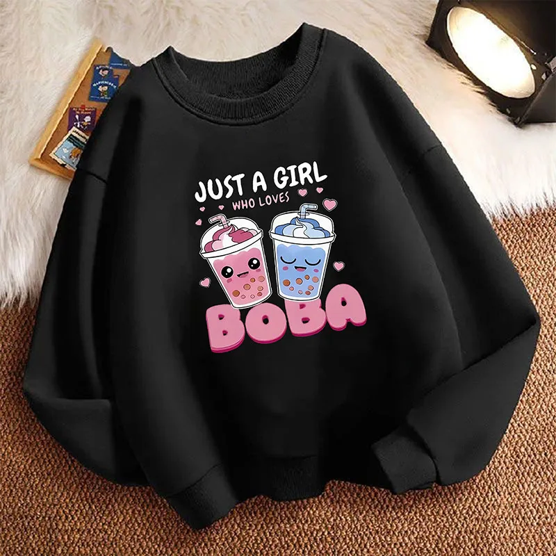 Pullover „Just A Girl Who Love Boba“ mit Grafikdruck, Kapuzenpullover für Kinder, Sweatshirt mit Kapuze für Mädchen, modische, lässige Kapuzenpullover