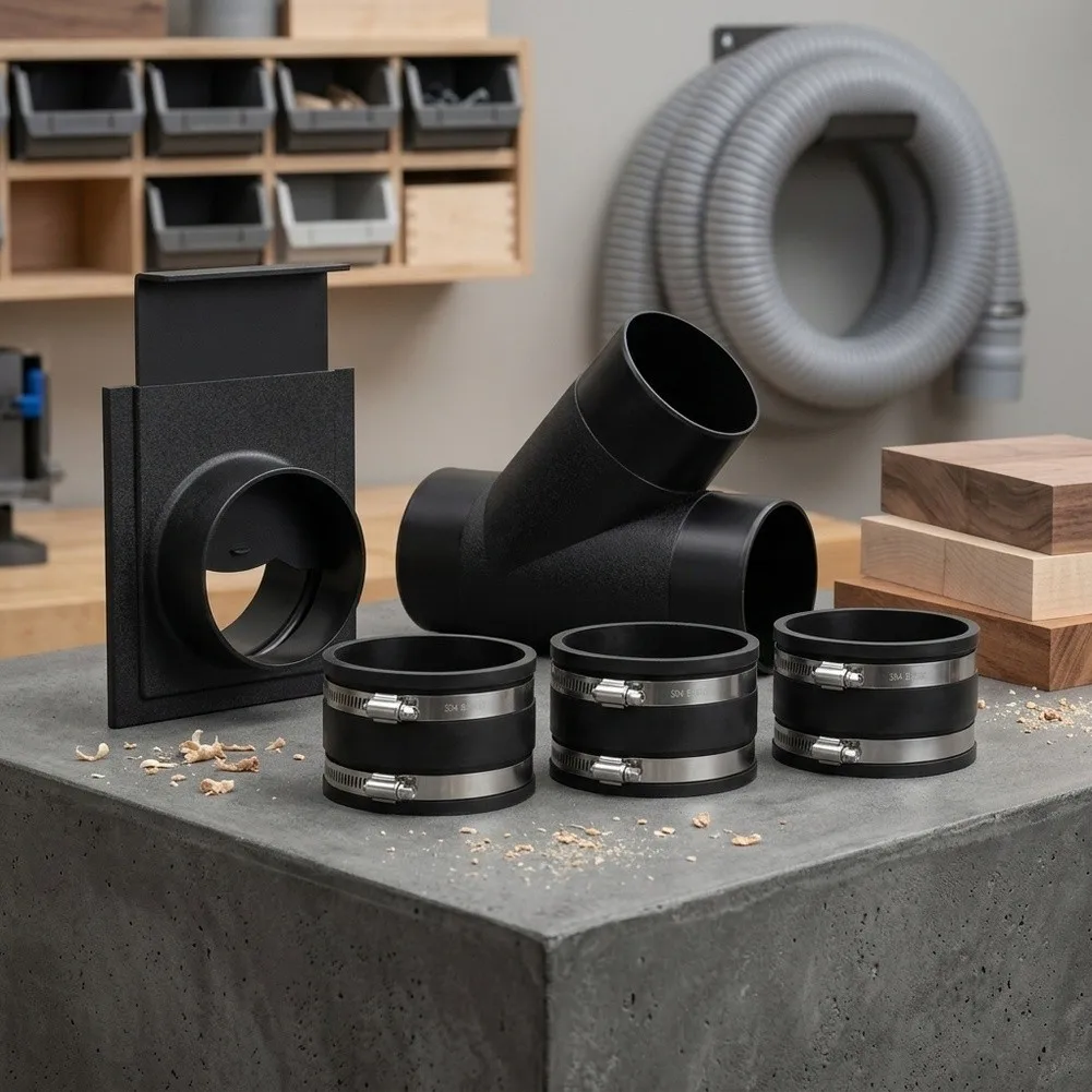 Dust Collection Fittings Set 5 pcs ABS Material for Table Saw Sander with Sliding Gate Damper and Flexible Sleeves