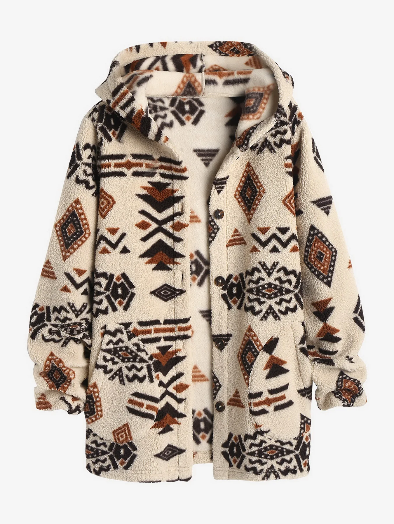 

ZAFUL Women's Hooded Ethnic Style Pockets Long Tribal Geo Aztec Printed Fluffy Teddy Coat fur New coats outerwears 2024 Winter