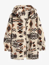 Zaful Vrouwen Capuchon Etnische Stijl Zakken Lange Tribale Geo Aztec Bedrukte Pluizige Teddyjas Bontjas Nieuwe Jassen Bovenkleding 2024 Winter