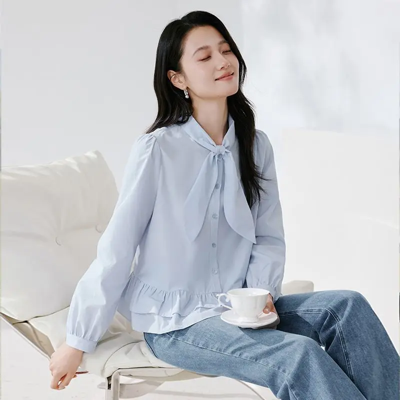 

Ruffled Shirt Women's Spring New Light Blue Tie-collared Long-sleeved Top