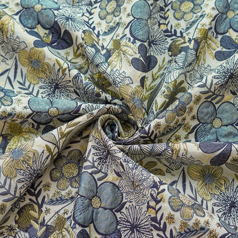 Blue Embossed Flower Jacquard Brocade Fabric Gold Silk Women\'s Dress Bag Decorative Sewing Fabric 50cmx160cm
