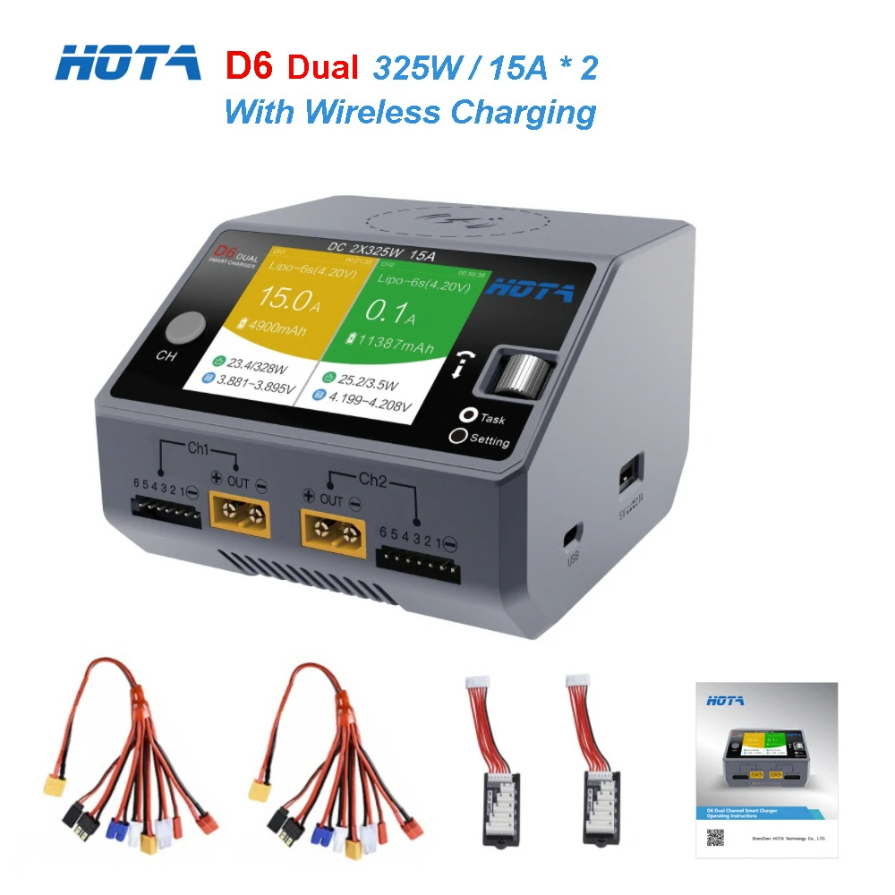 HOTA D6 Dual DC650W 15Ax2 Smart Charger for Lipo LiIon NiMH Battery with Wireless Charging for iPhone Samsung