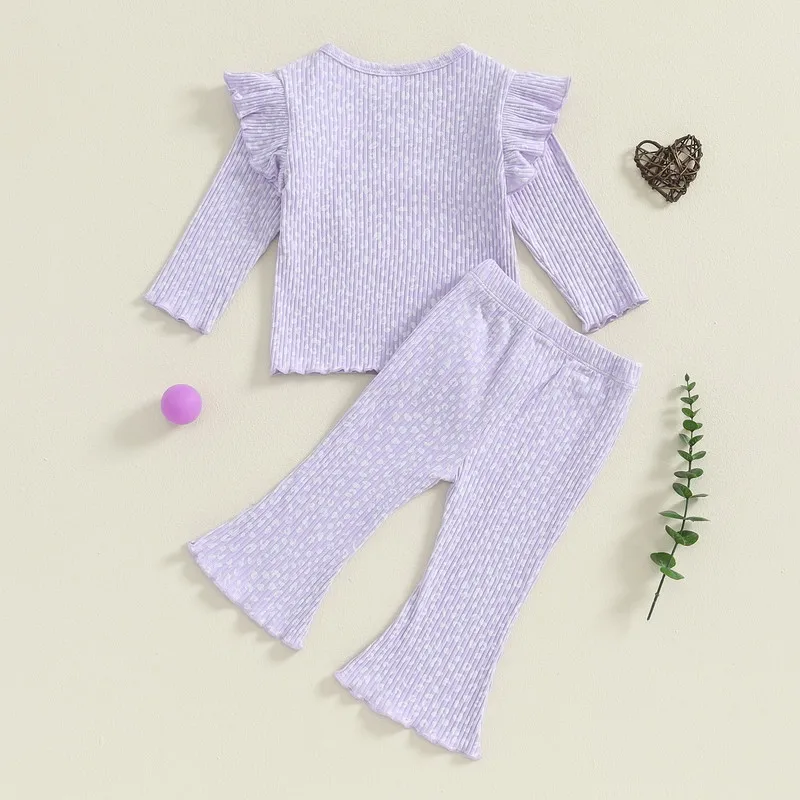 RUEWEY 3 Months to 3 Years Baby Girl Pant Sets Spring Autumn Clothes Ruffle Long Sleeve Sport Print Tops and Flare Pants