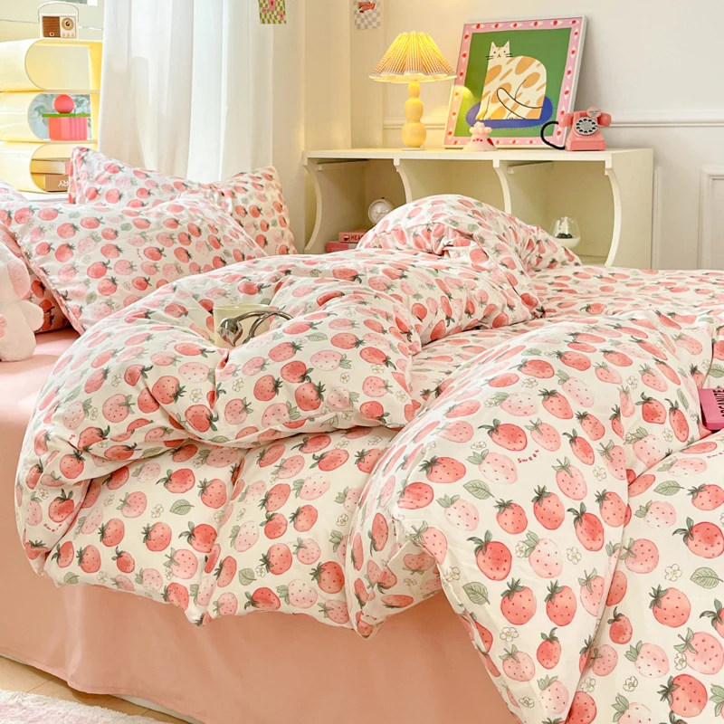 Korean Girls Cherry Bedding Set, Soft Cotton Bed Sheet, Quilt Cover, Pillowcase, Bed Linens, Comforter Sets