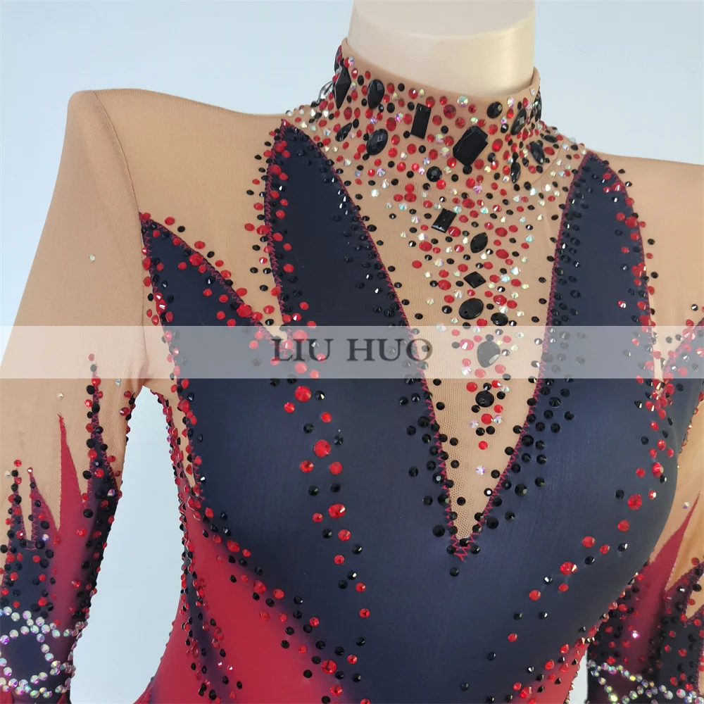 LIUHUO Latin Dance Ice Figure Skating Dress Women Adult Girl Teens Customize Costume Performance Competition Leotard Red Roller