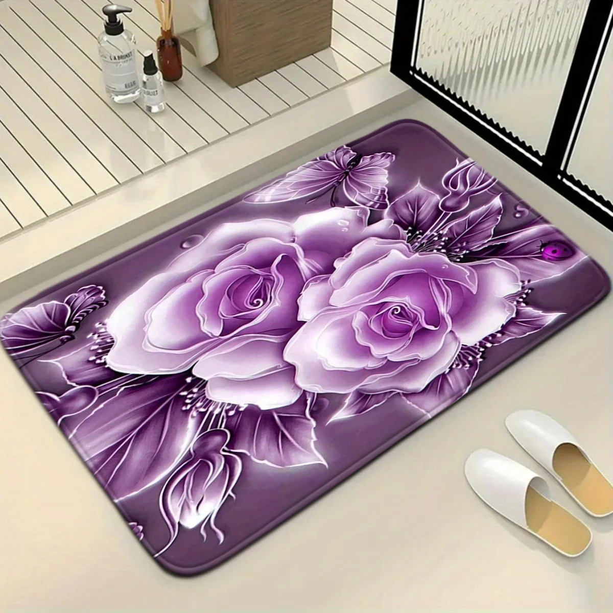 3pcs Floral Bath Mat Set - Purple Flower Toilet Seat Cover & U-Shaped Rug, Soft Non-Slip Bathroom Decor