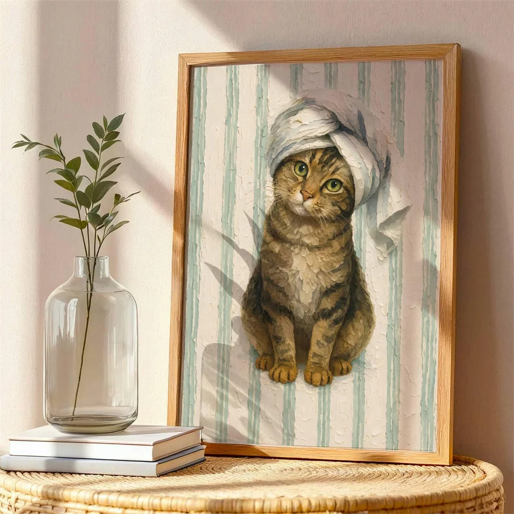 Towel Cat Print Whimsical Kitten Bathroom Wall Art Poster Sleeping Kittens Wall Art Canvas Painting Cozy Cat Print Nursery Decor