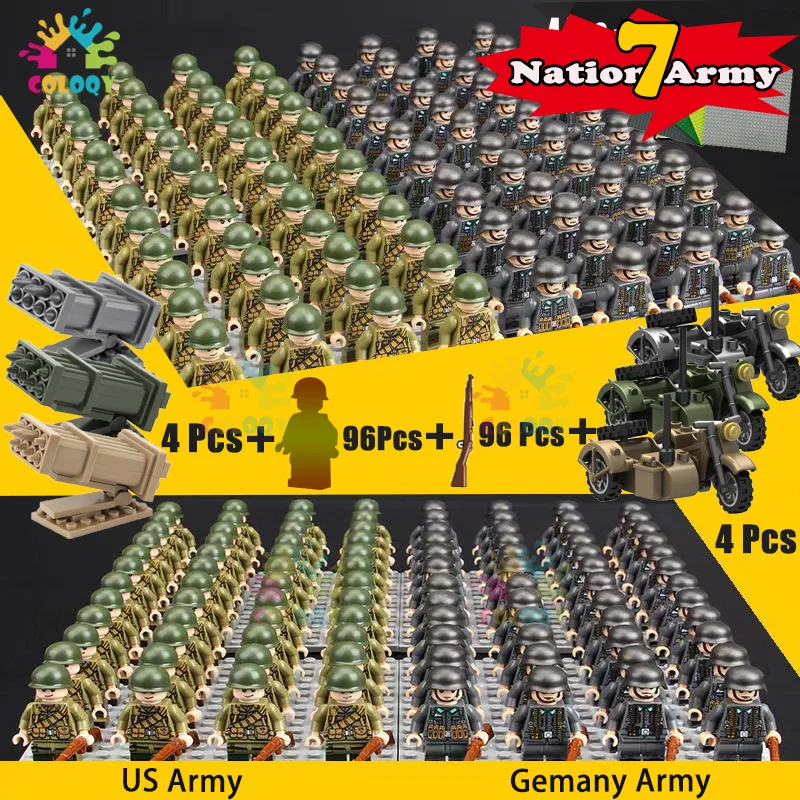 

Kids Toys WW2 Motorcycle Troops Building Blocks US Soviet UK Soldier Mini Action Figures Artillery Toys For Christmas Gifts