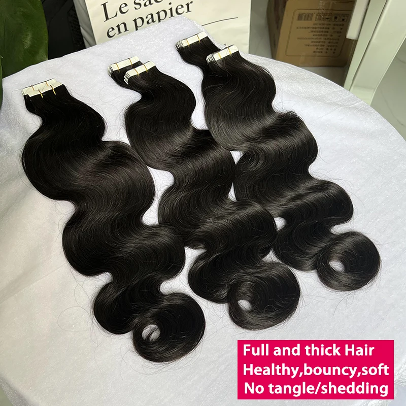 شريط غير مرئي في ملحقات الجسم موجة 100% شعر بشري سلس بولي Skin لحمة جلدية مربوطة يدويًا شريط إضافي 100 جرام شعر خام # 1ب