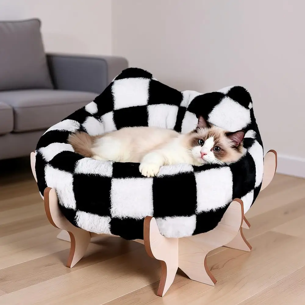 

Elevated Cat Bed, Removable Fluffy Cushion, Wooden Stand, 18 x 11 Raised Cat Sofa, Checkered Soft Cushion