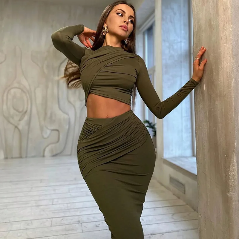 

SKMY 2024 New Solid Color Long Sleeve Round Neck Crop Tops Bodycon Mid Length Irregular Skirt Two Piece Sets Y2k Cothes Women