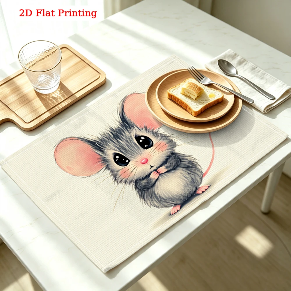 Cute Mouse Print Kitchen Placemat Cute Mouse Print Linen Pad Dish Coffee Cup Table Mat 1PC 30x40cm