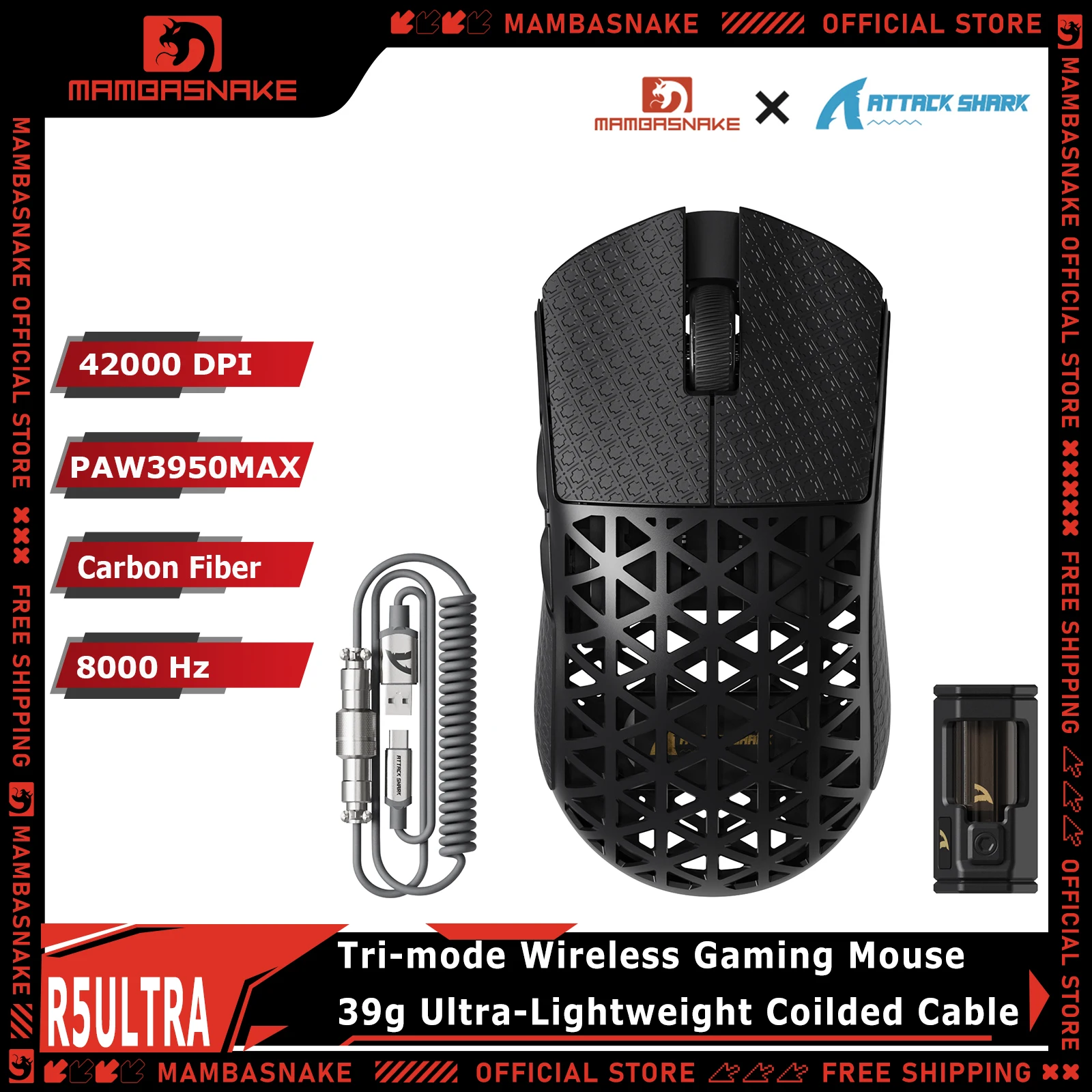 ATTACK SHARK R5 Ultra Tri-Mode Wireless Gaming Mouse With 8K Coiled Cable 39g Ultra-Light Carbon Fiber 8K Polling Rate 42000 DPI
