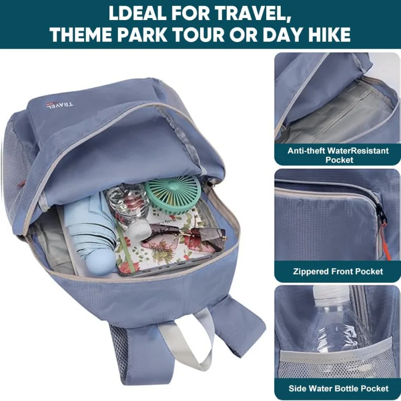 Sac à dos pliable léger et pliable pour voyage et randonnée, pour hommes et femmes, gris