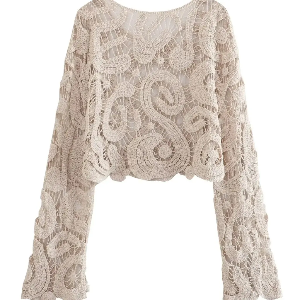 

Women's round Neck Long Sleeve Lace Crochet Hollow Sweater Top European American Style Autumn Fashion Top