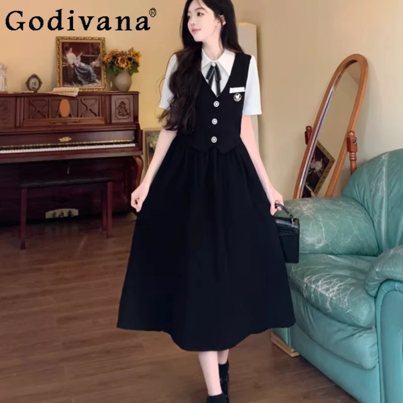

Spring Summer Large Size College Short Sleeve Fake Two-piece Dress Fashion Black Versatile Age Reduction A-line Girl Dresses