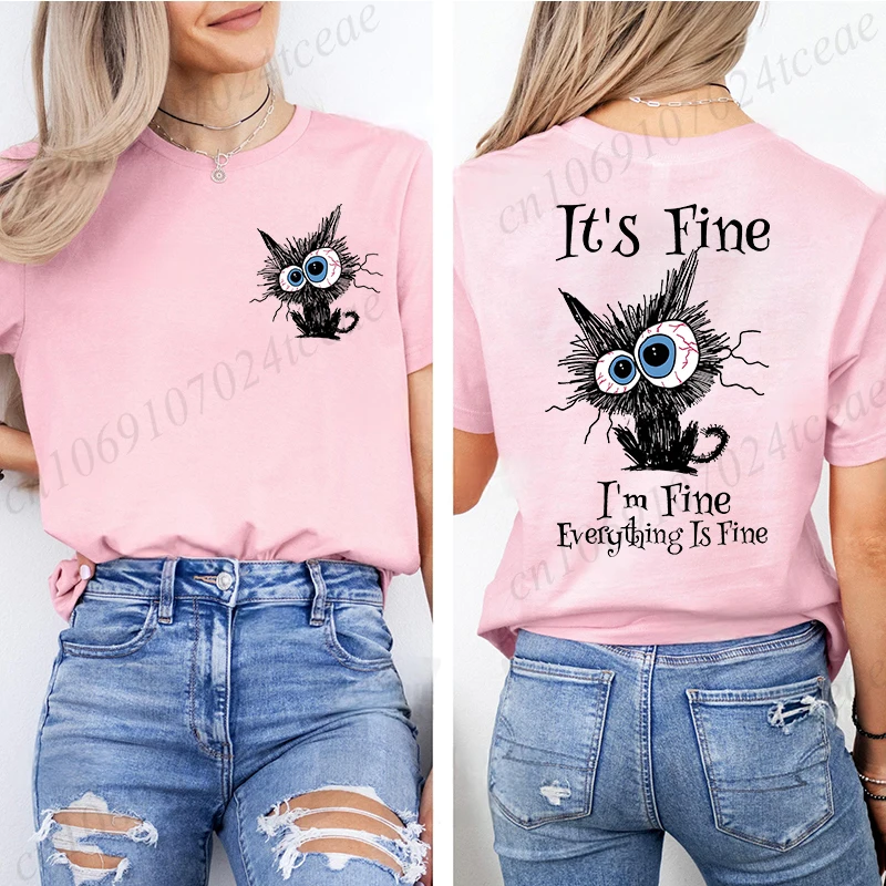 Women T-Shirt Everything Is Fine Black Cat Print Tops, Soft Breathable Round Neck Short Sleeve Tee, Unisex Fun Quirky Style Tops