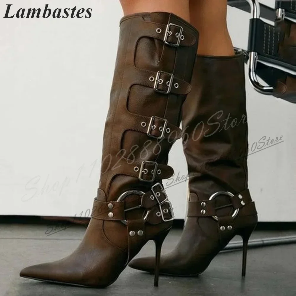 

Knee High Brown Buckle Strap Pointy Boots Stilettos High Heel Shoes For Women Slip On Pointed Toe Retro Style Trendy Women Boots
