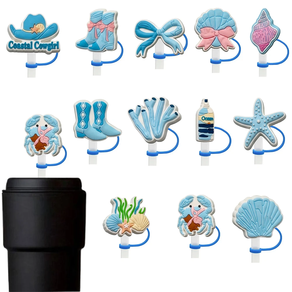 Tapas de silicona azules de verano para pajitas de 10 mm, tapas para vasos de vidrio, para vasos de 30 y 40 oz con asa, a prueba de polvo, reutilizables