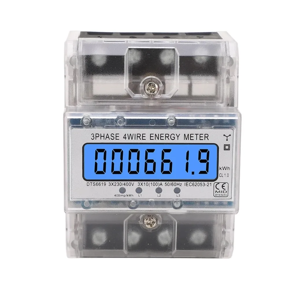 3 Phase 4 Wire Three Phase Energy Meter DIN Rail Installation 10 to 100A Digital Power Meter Backlit LCD Display 5-80A