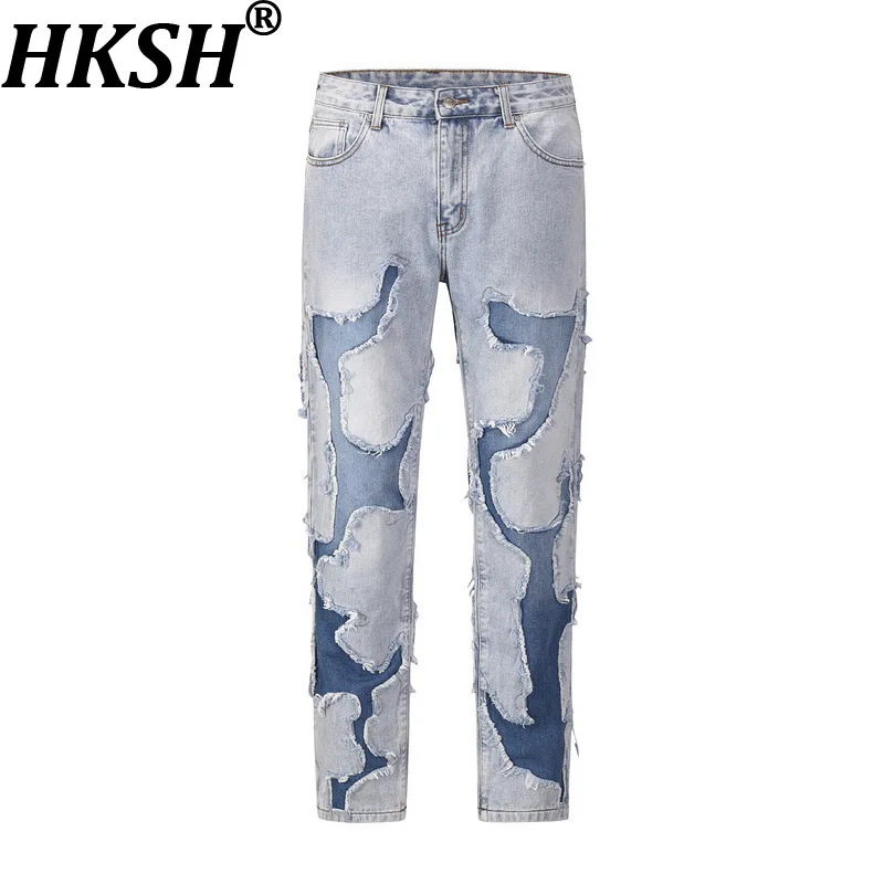 

HKSH Spring Summer Men European American High Street Denim Pants Fashion Brand Vintage Distressed Splicing Worn-out Jeans HK7513