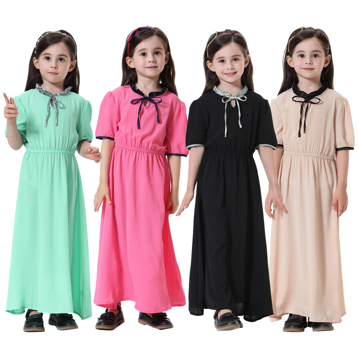 

Muslim Girls Round Neck Short Sleeves Summer Wear Long Dress Arab Big Kids Female Ankle Length Patchiwork Abaya