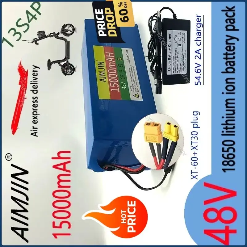 

48V 15Ah Li-Ion Battery Pack for Scooters, Motorcycles, Bicycles with BMS,13S4P18650 high-power1000W+54.6Vcharger XT60 XT30 Plug