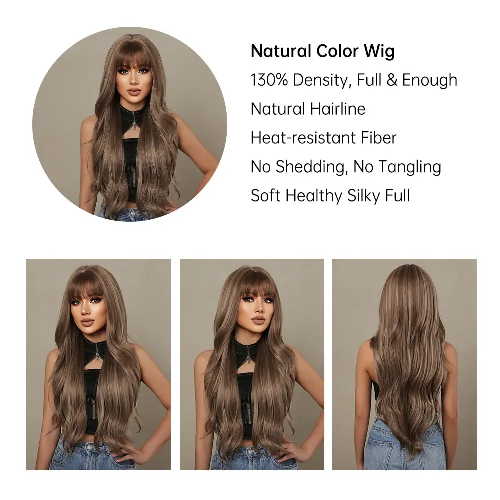 HAIRCUBE Bruin Gemengde Blonde Synthetische Pruiken met Bang Lang Natuurlijk Golvend Haar Pruik voor Vrouwen Dagelijks Cosplay Gebruik Hittebestendig