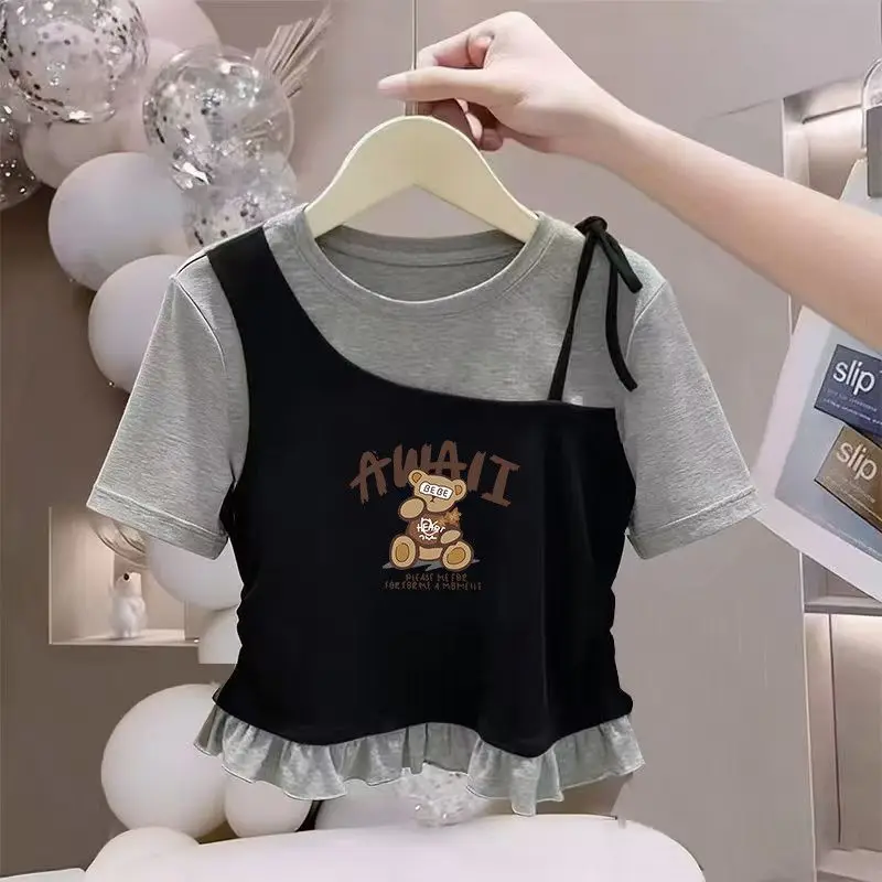 2026 NEW Summer New Girls Patchwork Letters Narrow Waist Teenager T-Shirt Bear Slim Thin Clothes Toddler 4 8 to 10 12 Year Korea
