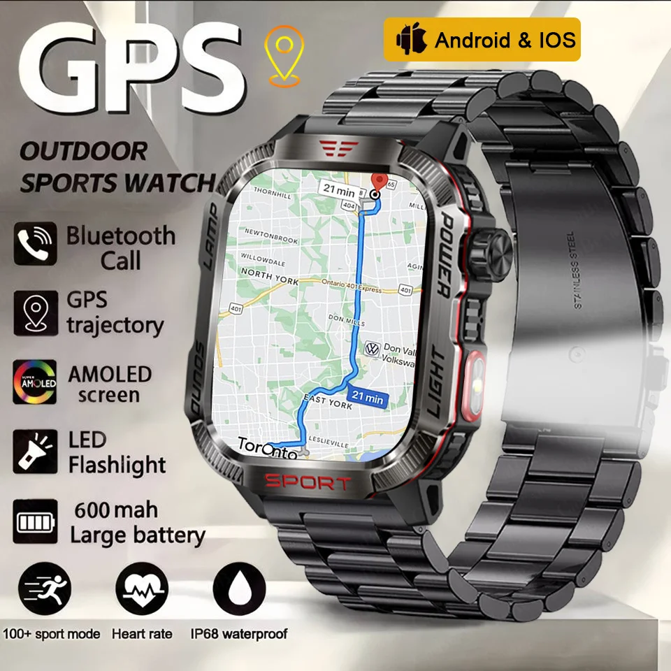 

Уличные военные умные часы для мужчин, светодиодный фонарик, Bluetooth вызов, GPS-слежение, 2,01 дюйма, водонепроницаемые умные часы с пульсометром, новинка 2025 г.